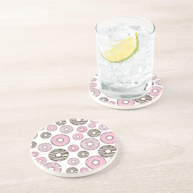 Pattern Of Doughnuts, Pink Doughnuts, White Doughn Coaster (Side)
