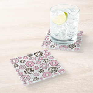 Pattern Of Doughnuts, Pink Doughnuts, White Doughn Glass Coaster