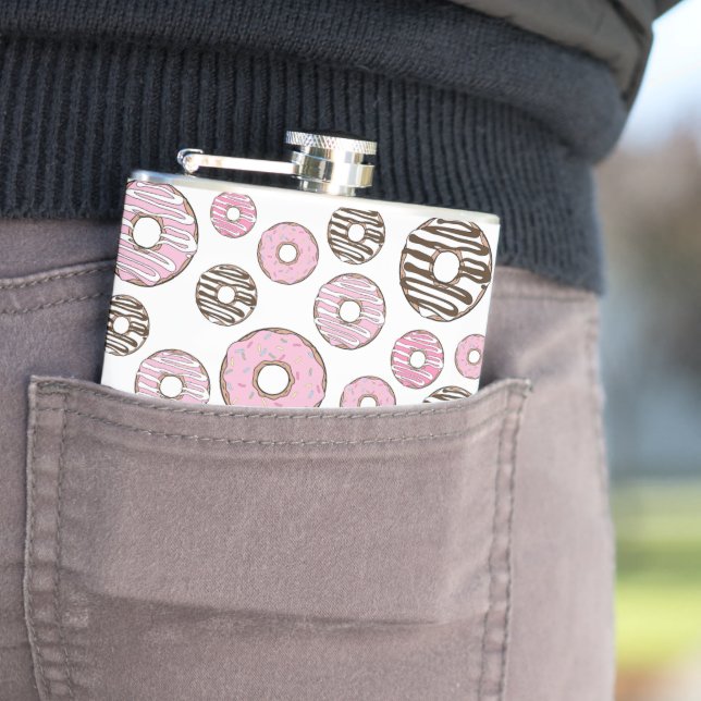 Pattern Of Doughnuts, Pink Doughnuts, White Doughn Hip Flask (In Situ)
