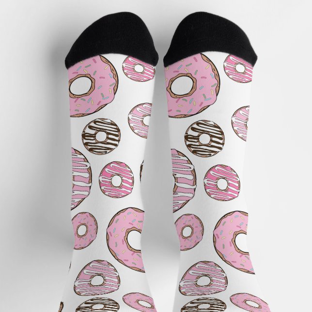 Pattern Of Doughnuts, Pink Doughnuts, White Doughn Socks (Top)