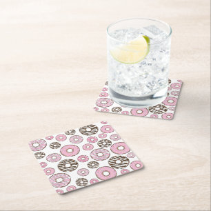 Pattern Of Doughnuts, Pink Doughnuts, White Doughn Square Paper Coaster
