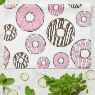 Pattern Of Doughnuts, Pink Doughnuts, White Doughn Tea Towel