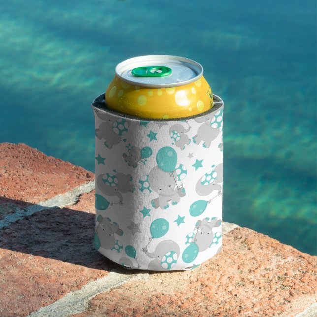 Pattern Of Elephants, Cute Elephants - Blue Grey Can Cooler (In Situ Pool)