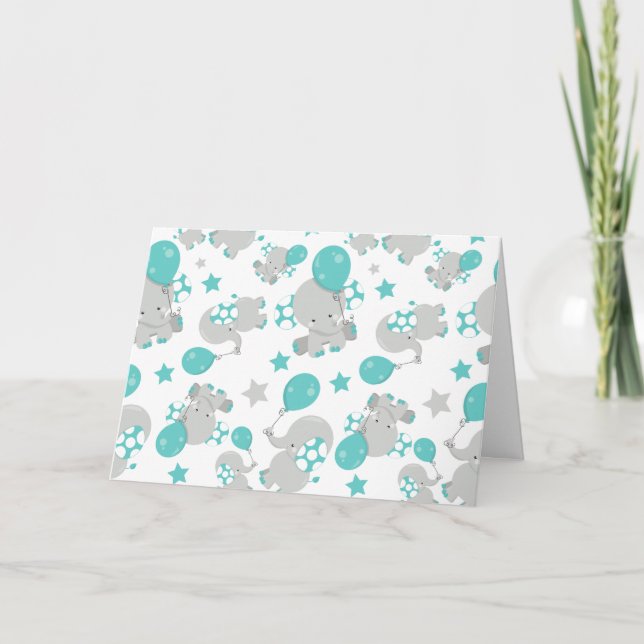 Pattern Of Elephants, Cute Elephants - Blue Grey Card (Front)