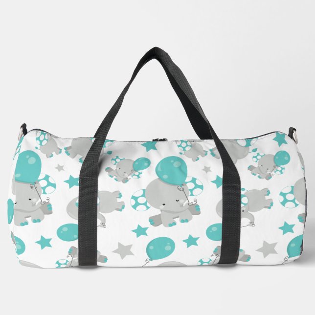 Pattern Of Elephants, Cute Elephants - Blue Grey Duffle Bag (Front)