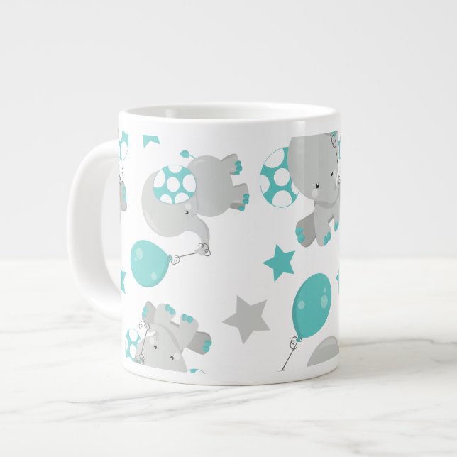 Pattern Of Elephants, Cute Elephants - Blue Grey Large Coffee Mug (Front Left)