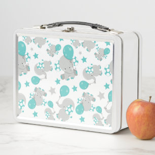Pattern Of Elephants, Cute Elephants - Blue Grey Metal Lunch Box
