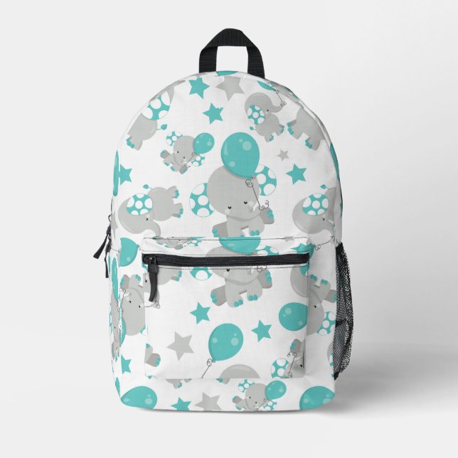 Pattern Of Elephants, Cute Elephants - Blue Grey Printed Backpack (Front)