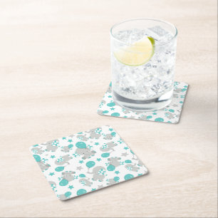 Pattern Of Elephants, Cute Elephants - Blue Grey Square Paper Coaster