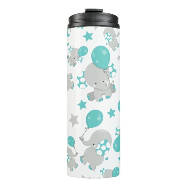 Pattern Of Elephants, Cute Elephants - Blue Grey Thermal Tumbler (Front)