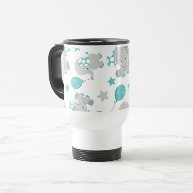 Pattern Of Elephants, Cute Elephants - Blue Grey Travel Mug (Front Left)