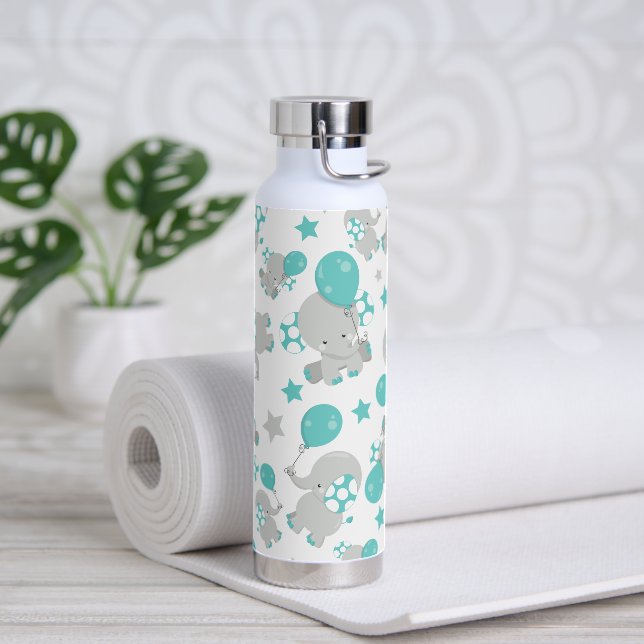 Pattern Of Elephants, Cute Elephants - Blue Grey Water Bottle (Yoga)