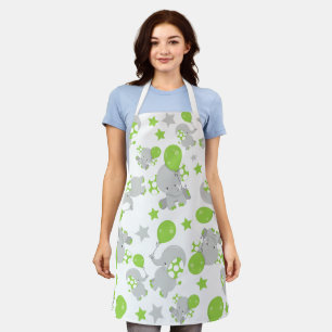 Pattern Of Elephants, Cute Elephants - Green Grey Apron