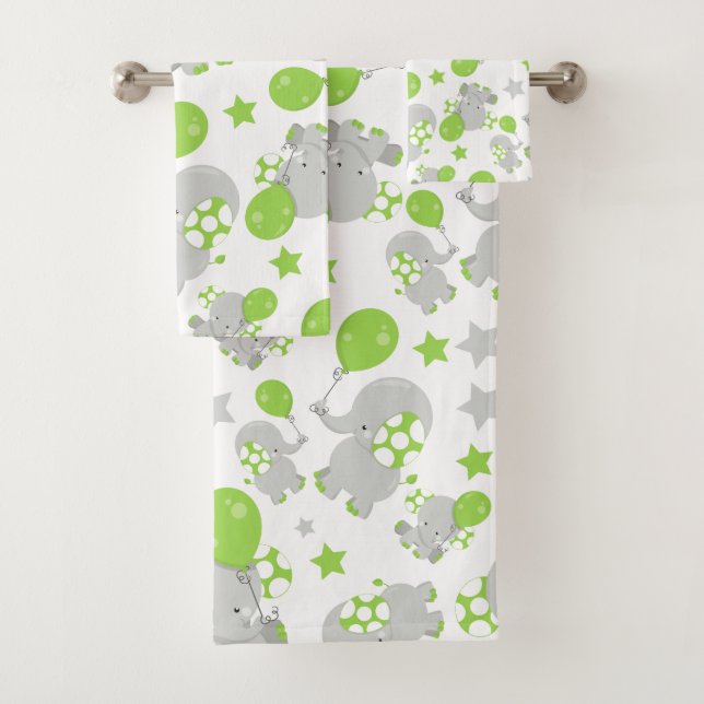 Pattern Of Elephants, Cute Elephants - Green Grey Bath Towel Set (Insitu)