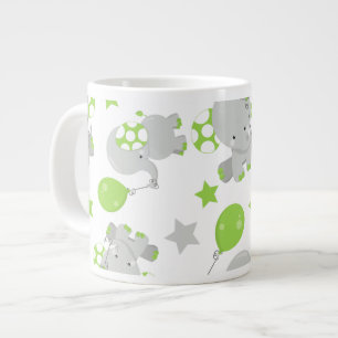 Pattern Of Elephants, Cute Elephants - Green Grey Large Coffee Mug