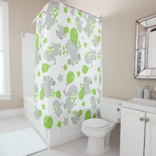 Pattern Of Elephants, Cute Elephants - Green Grey Shower Curtain