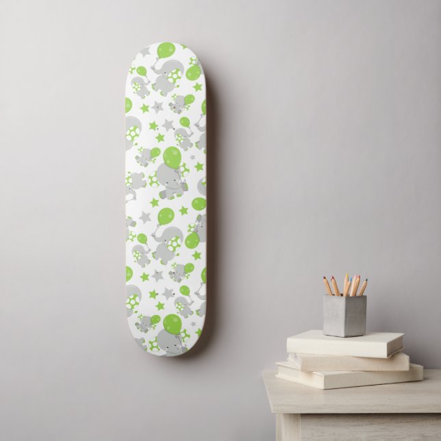 Pattern Of Elephants, Cute Elephants - Green Grey Skateboard (Wall Art)