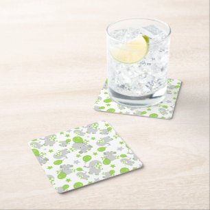 Pattern Of Elephants, Cute Elephants - Green Grey Square Paper Coaster