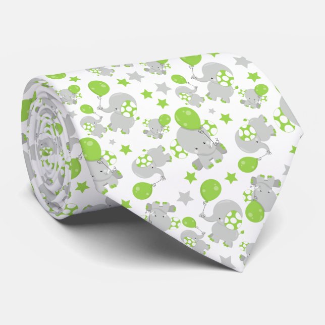 Pattern Of Elephants, Cute Elephants - Green Grey Tie (Rolled)