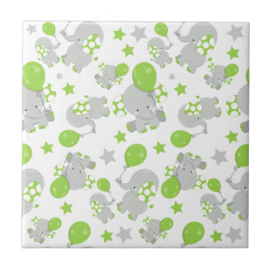 Pattern Of Elephants, Cute Elephants - Green Grey Tile