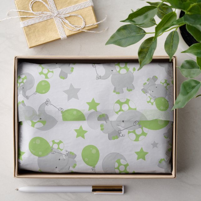 Pattern Of Elephants, Cute Elephants - Green Grey Tissue Paper (Gift)