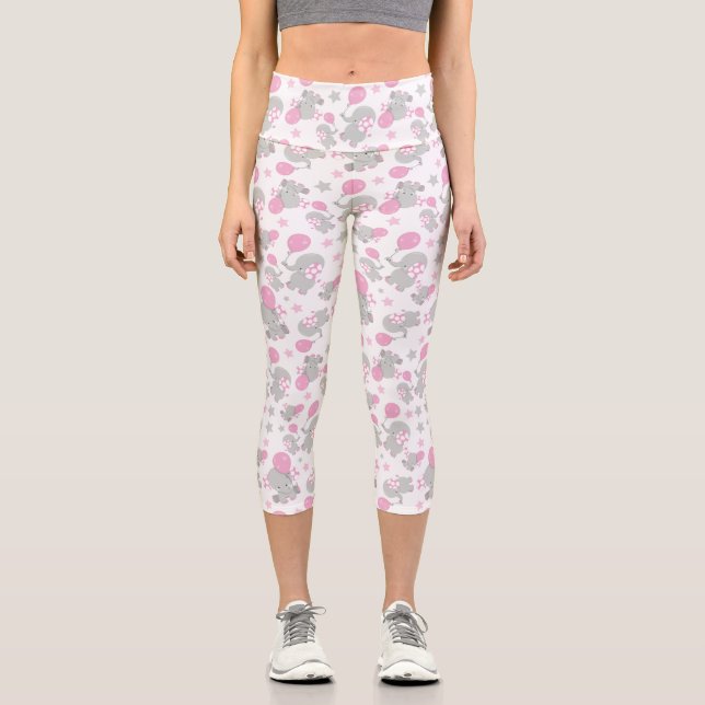 Pattern Of Elephants, Cute Elephants - Pink Grey Capri Leggings (Front)