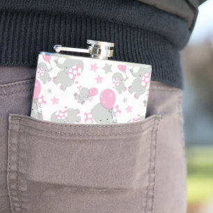 Pattern Of Elephants, Cute Elephants - Pink Grey Hip Flask