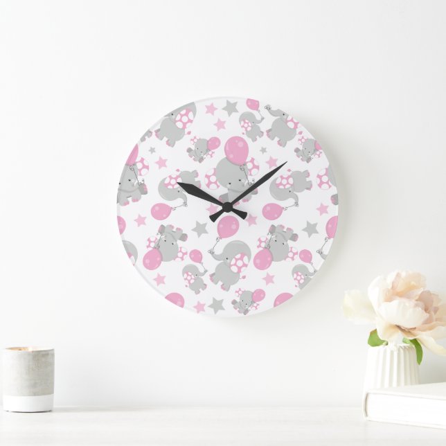 Pattern Of Elephants, Cute Elephants - Pink Grey Large Clock (Home)