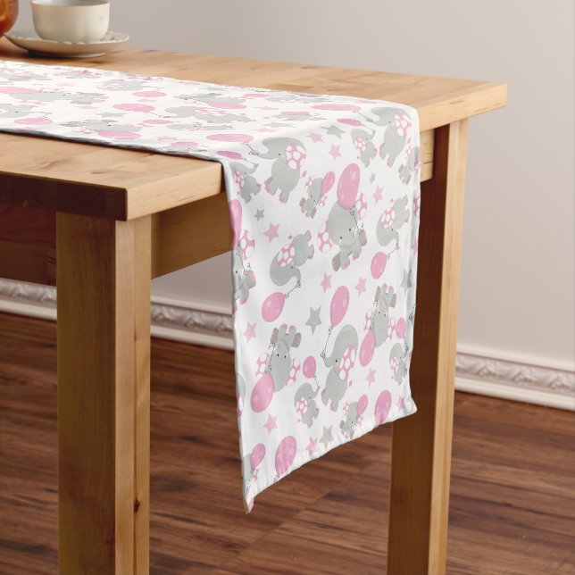 Pattern Of Elephants, Cute Elephants - Pink Grey Medium Table Runner (In Situ)