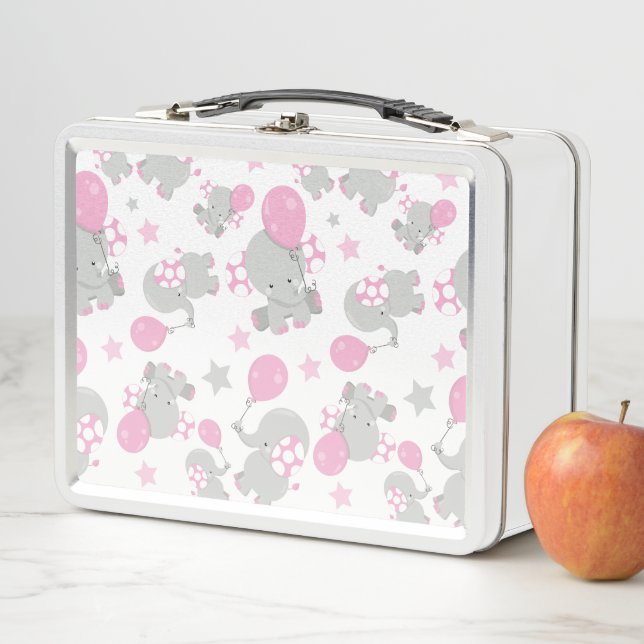 Pattern Of Elephants, Cute Elephants - Pink Grey Metal Lunch Box (In Situ)