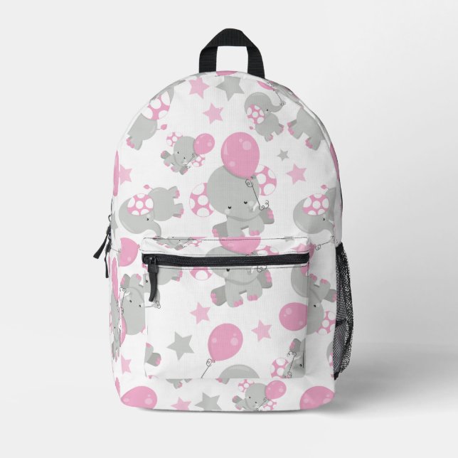 Pattern Of Elephants, Cute Elephants - Pink Grey Printed Backpack (Front)