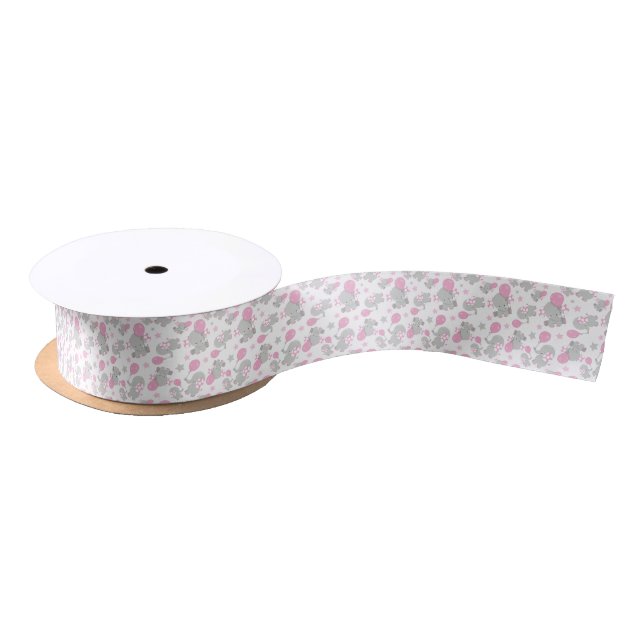 Pattern Of Elephants, Cute Elephants - Pink Grey Satin Ribbon (Spool)