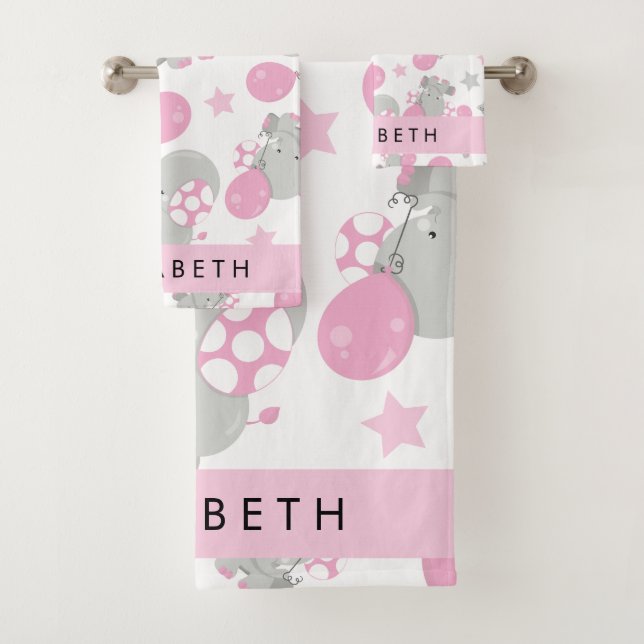 Pattern Of Elephants, Cute Elephants, Your Name Bath Towel Set (Insitu)