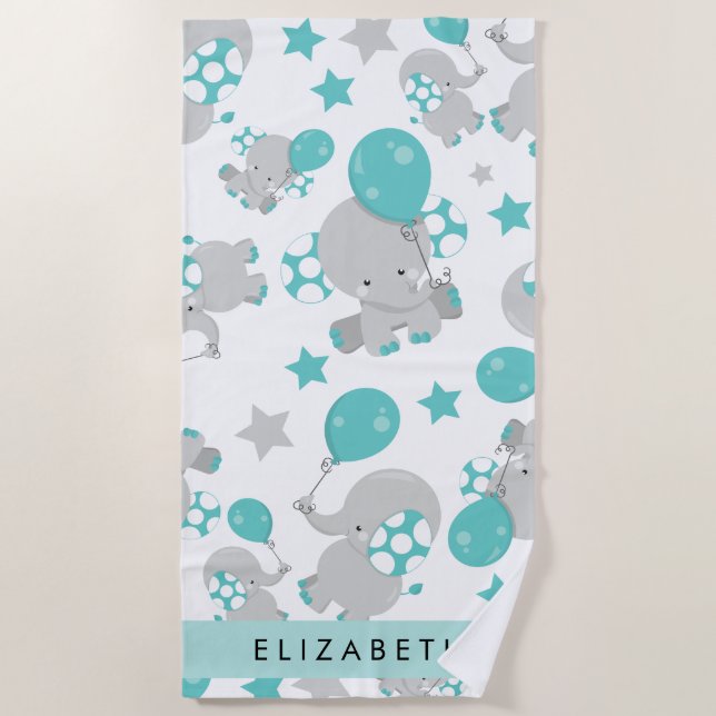 Pattern Of Elephants, Cute Elephants, Your Name Beach Towel (Front)