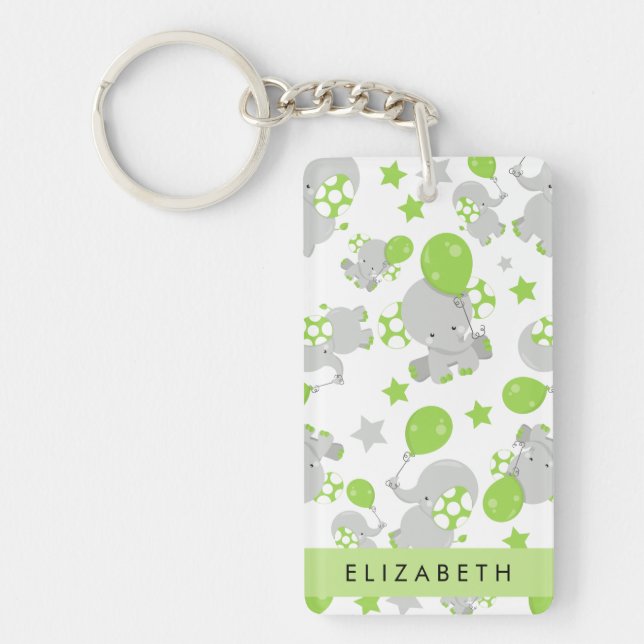 Pattern Of Elephants, Cute Elephants, Your Name Key Ring (Front)