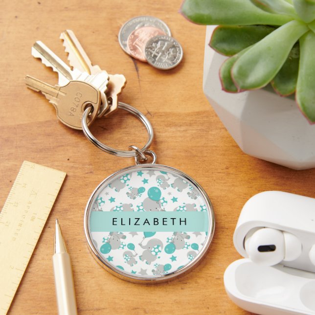 Pattern Of Elephants, Cute Elephants, Your Name Key Ring (Desk)