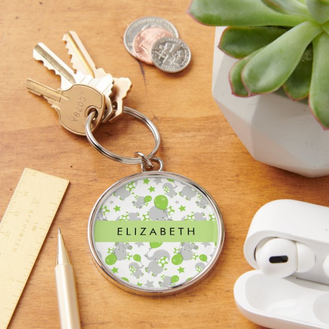 Pattern Of Elephants, Cute Elephants, Your Name Key Ring (Desk)