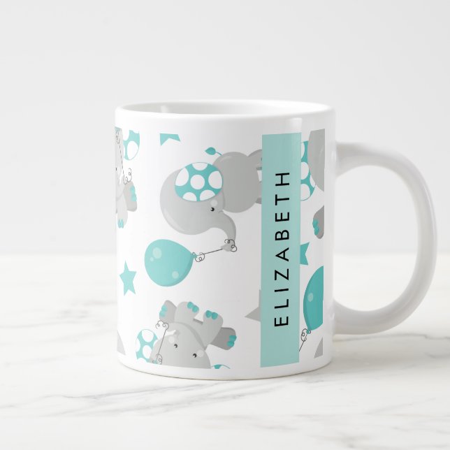 Pattern Of Elephants, Cute Elephants, Your Name Large Coffee Mug (Right)