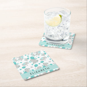 Pattern Of Elephants, Cute Elephants, Your Name Square Paper Coaster