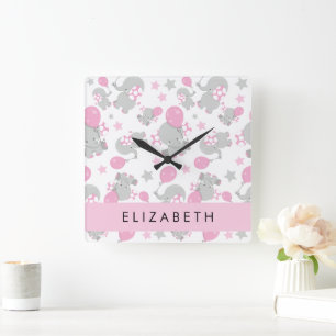 Pattern Of Elephants, Cute Elephants, Your Name Square Wall Clock