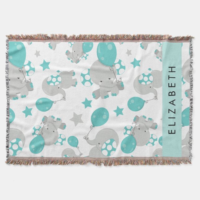 Pattern Of Elephants, Cute Elephants, Your Name Throw Blanket (Front)