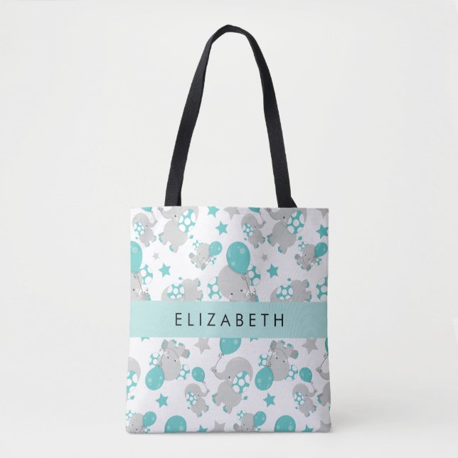 Pattern Of Elephants, Cute Elephants, Your Name Tote Bag (Front)