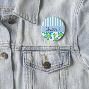 Pattern Of Flowers, Blue Stripes, Your Name 6 Cm Round Badge