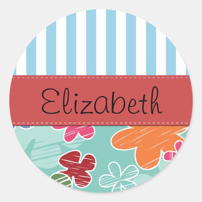 Pattern Of Flowers, Blue Stripes, Your Name Classic Round Sticker (Front)