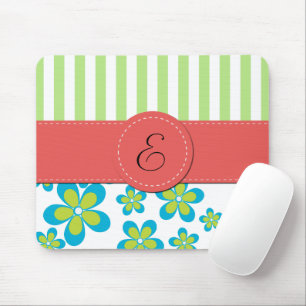 Pattern Of Flowers, Green Stripes, Monogram Mouse Pad
