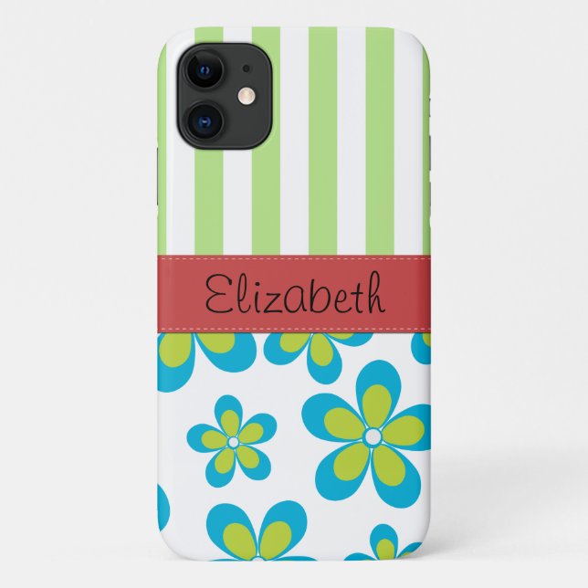 Pattern Of Flowers, Green Stripes, Your Name Case-Mate iPhone Case (Back)