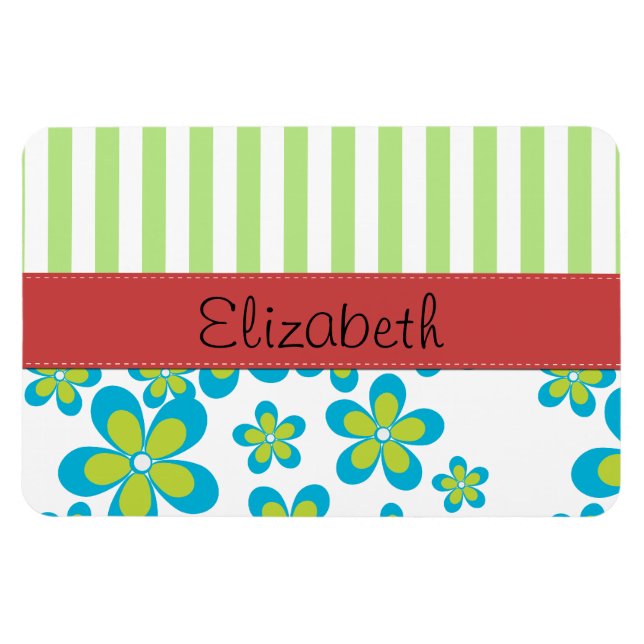 Pattern Of Flowers, Green Stripes, Your Name Magnet (Horizontal)