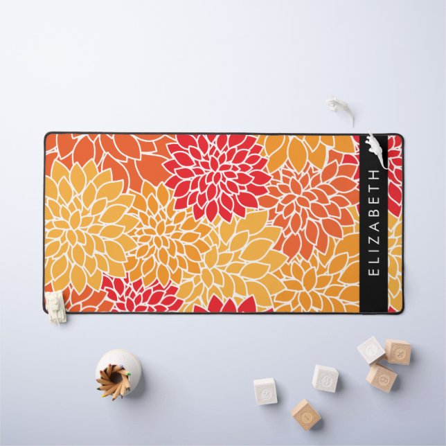 Pattern Of Flowers, Orange Dahlia, Your Name Desk Mat (Kids Table)