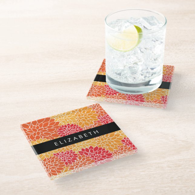 Pattern Of Flowers, Orange Dahlia, Your Name Glass Coaster (Angled)