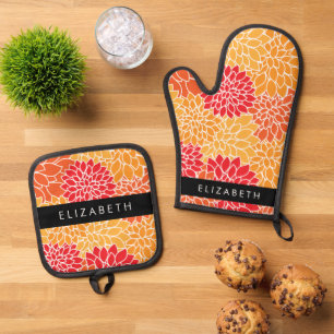 Pattern Of Flowers, Orange Dahlia, Your Name Oven Mitt & Pot Holder Set